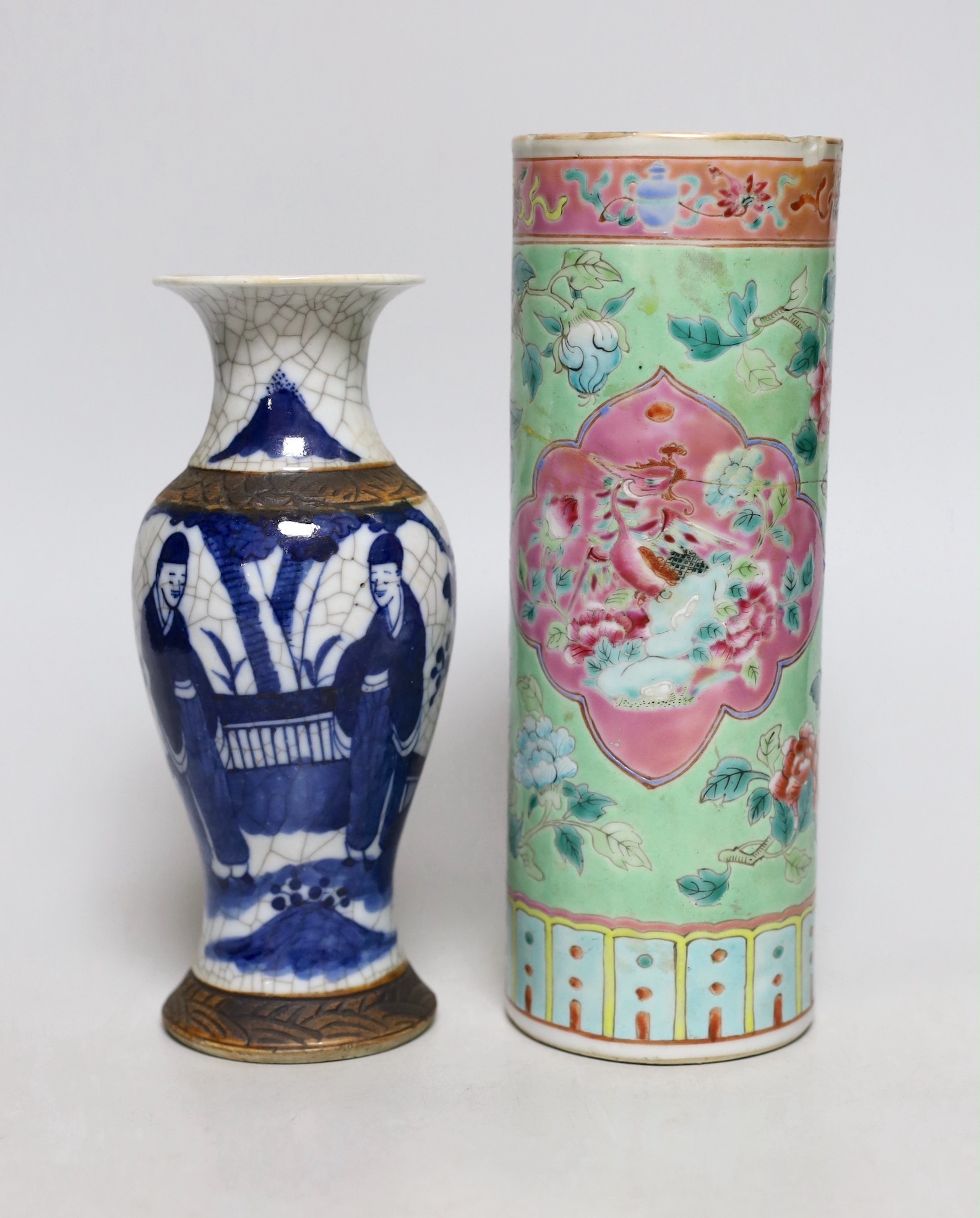 A Chinese Straits green ground sleeve vase and a Chinese blue and white crackle glaze vase, sleeve vase 23cms high